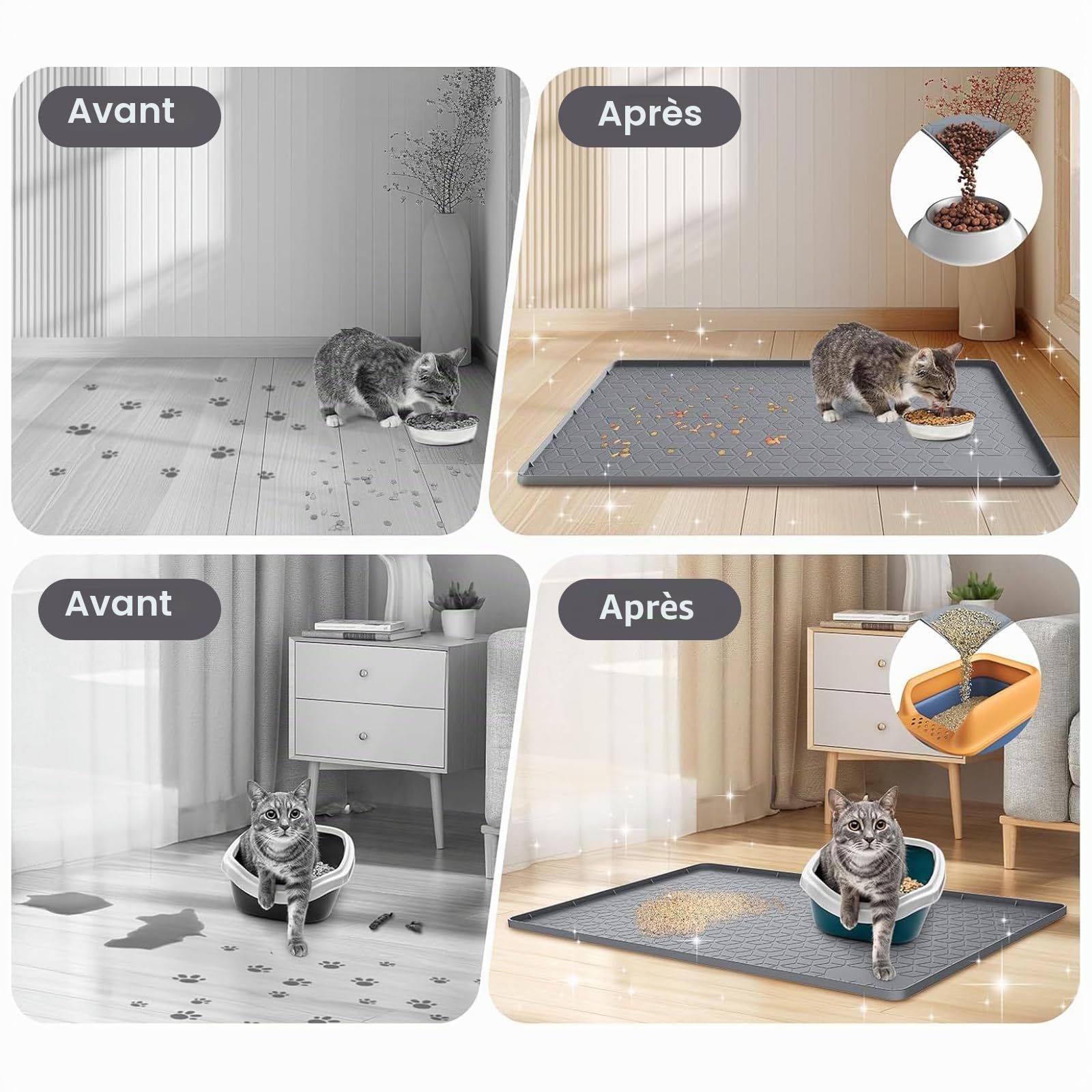Grand Tapis de Litière pour Chat, 86x56cm (34" X 22") en Silicone pour Bac à Litière, Tapis Imperméable avec Bord Surélevé, Protège-Sol Anti-Traces pour Litière de Chat pour Sols Durs, Facile à
