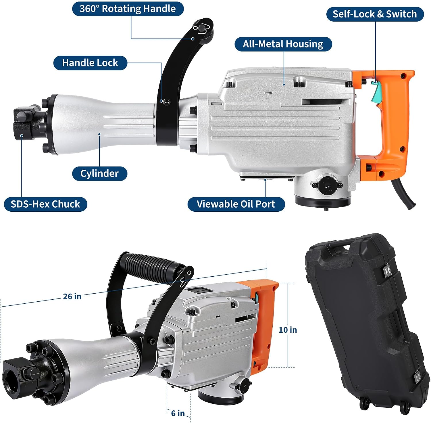 Garvee Electric Demolition Jack Hammer, 1500W Jackhammer Demolition Hammer, 1800 BPM Jackhammer Concrete Breaker with 360° Adjustable Handle, Anti-Vibration System, Complete Kit with Carrying Case