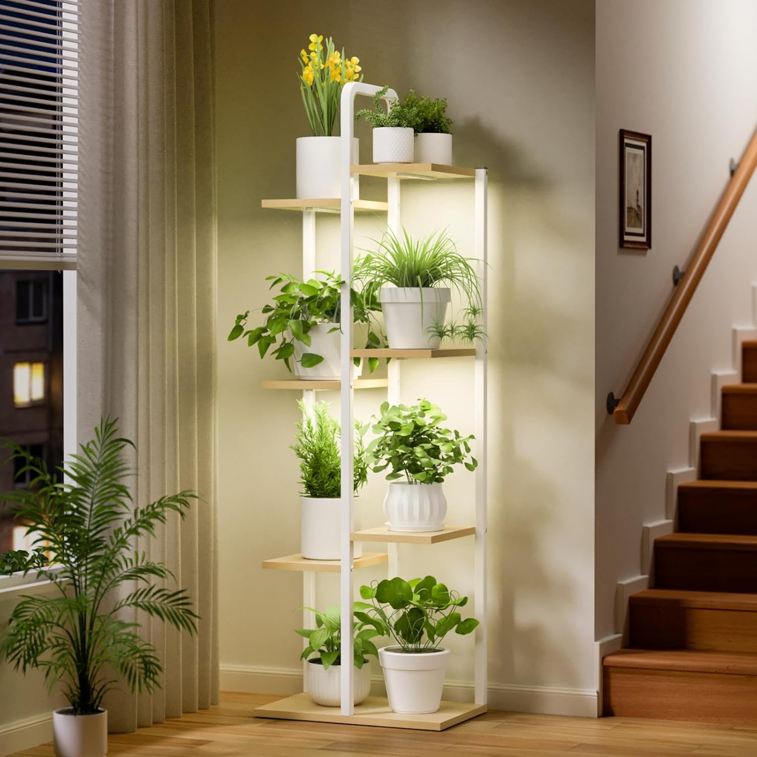 Plant Stand Indoor with Grow Lights - 50" Metal Flower Pot Stands for Multiple Plants - 7 Tiered Tall Plant Stands, Corner Plant Shelf for Living Room Home Gardening Decor (Black)