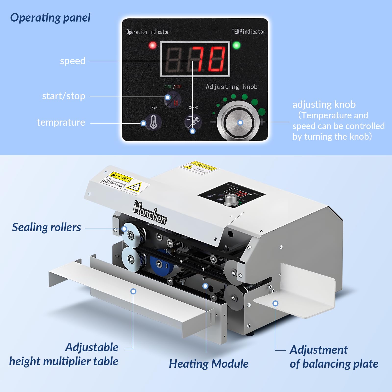 Hanchen Sellador continuo automático de 6 m/min, máquina de sellado de banda continua, temperatura y velocidad ajustable, sellador térmico de rodillo de 3000 W para bolsas de plástico, bolsas de papel