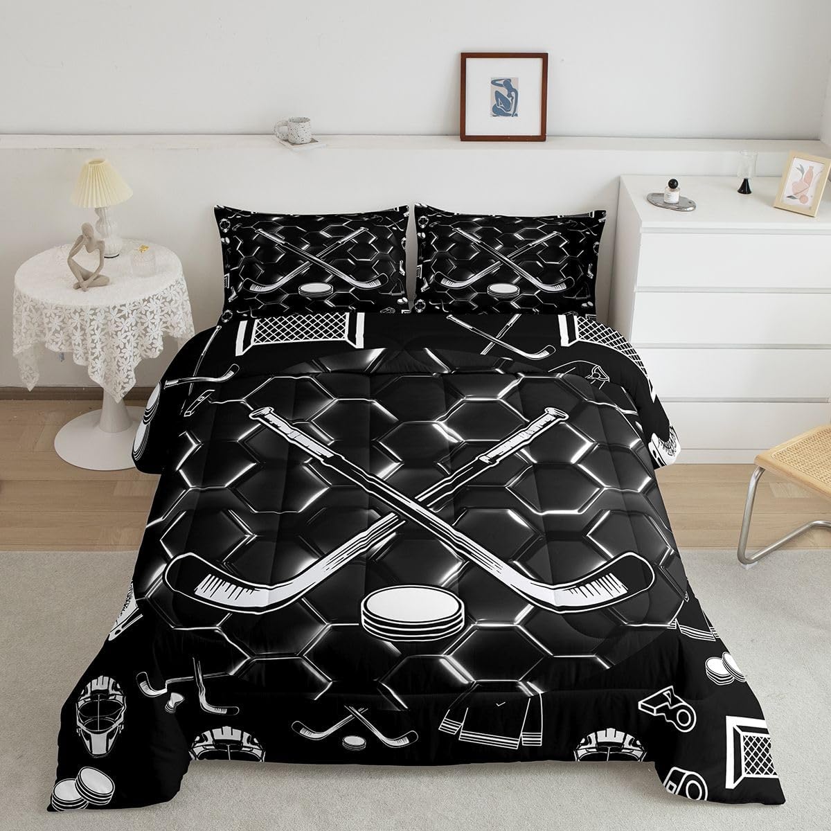 Erosebridal Geometric Hockey Comforter Sports Ice Hockey Full Bedding Set for Kids Boys Teen Men Black White Neon Honeycomb Hockey Equipment Comforter Set Hexagon Quilt Duvet Insert 3 Pcs
