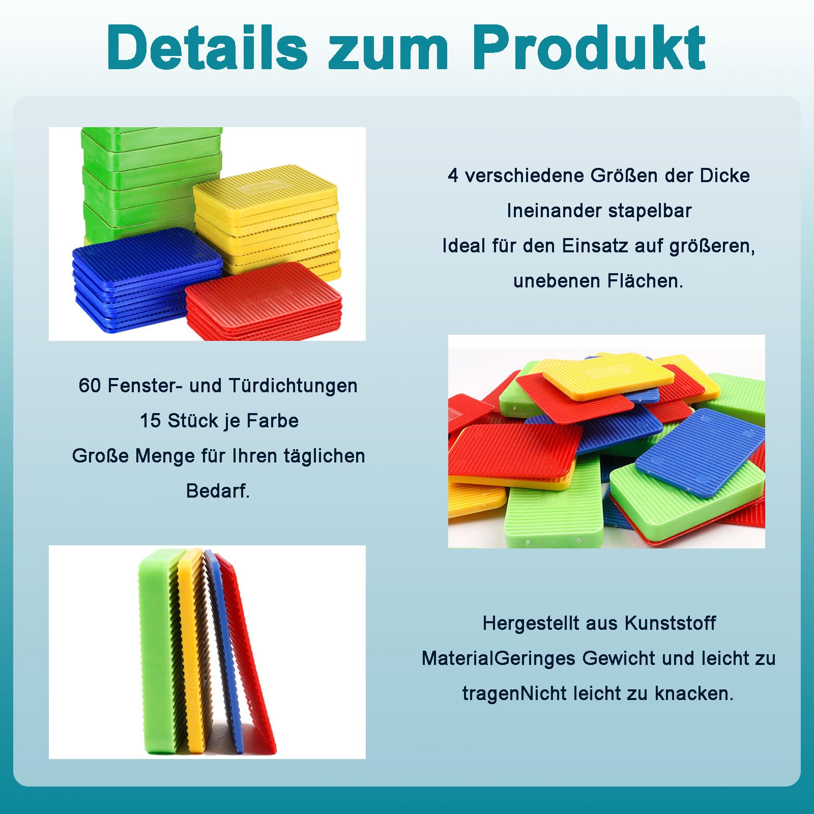 Unterlegplatten Kunststoff, 60 Stück Mehrfarbige Ausgleichsplatten aus Kunststoff, 60x40 mm Möbel Nivellierpads, 4 Stärke 1,5mm,3mm,5mm,10mm Unterlegplatten Sortiment, für Fenster, Türen