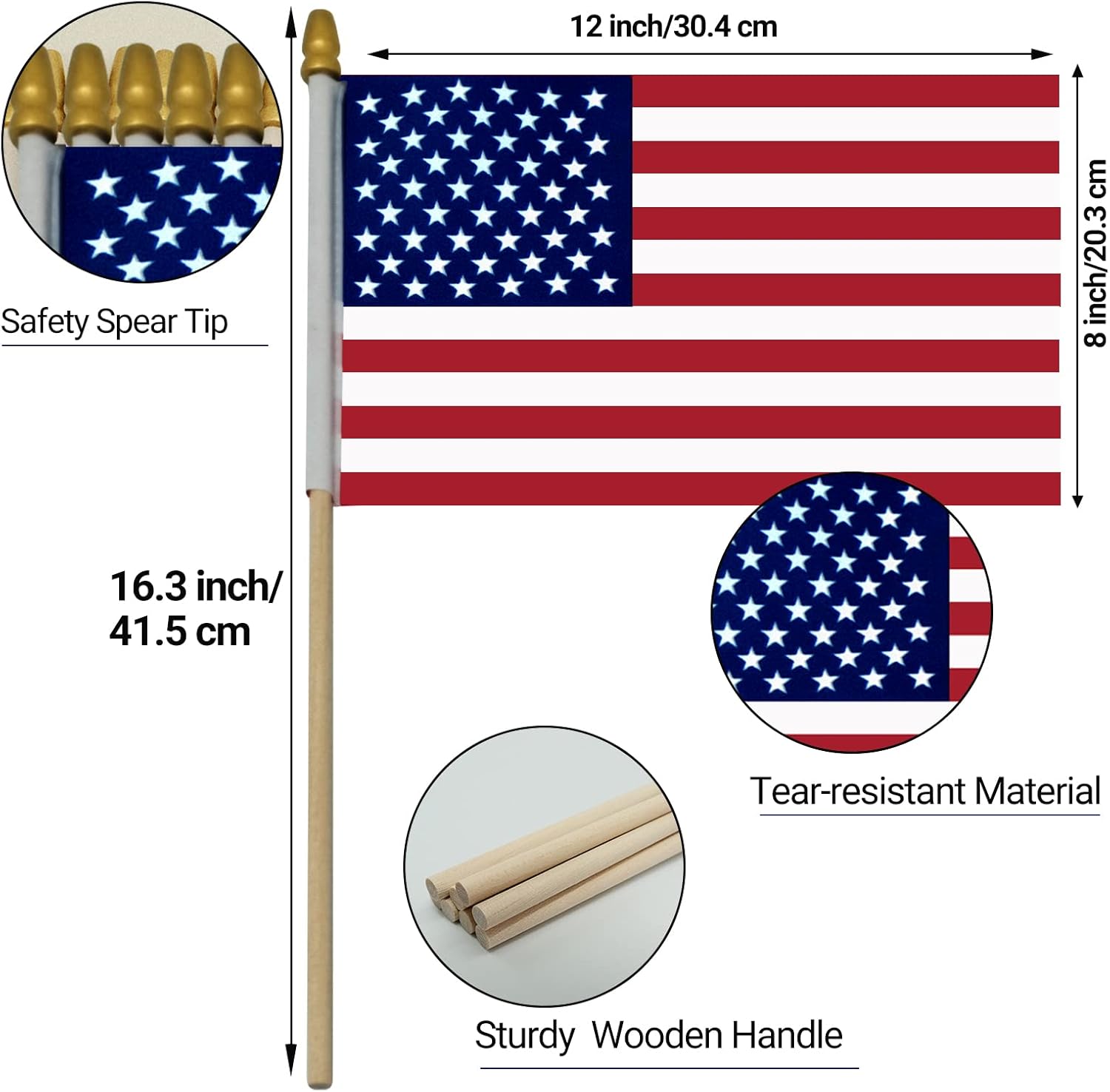 110 Pcs Small American Flags on Stick - 8 x12 Inches Mini American Flags with Safety Spear Tip - Bulk Solid Wooden Pole Handheld US Flag for Parades Independence Day Memorial Day 4th of July Decorations