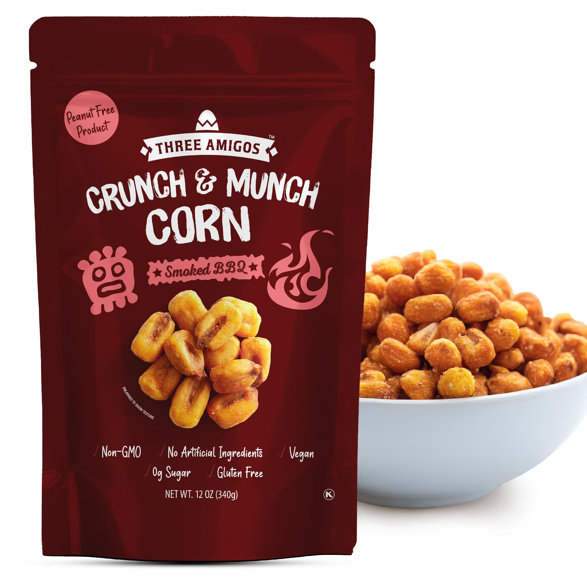 Three Amigos Corn Nuts Suger Free, 100% Vagan, Peanut Free Non-GMO (All Natural Ingredients) Guilt-Free snacking Toasted Corn Kernels in Reseable Bag - Crunchy & Munch Snack (12 OZ) (12 oz, Smooked BBQ)