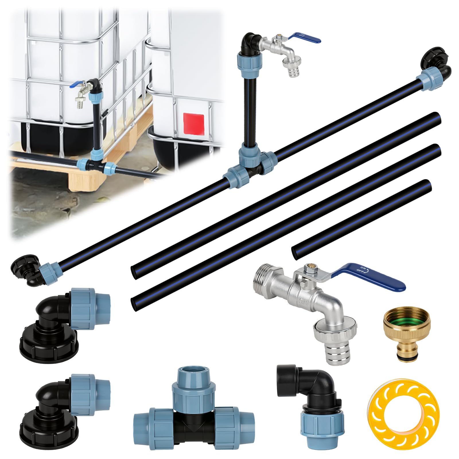 Ibc adapter z mosiężną łabędzią szyją, kran S60 x 6, kurek odcinający 3/4 cala, do 2 zbiorników IBC obok siebie/zbiorników na deszczówkę w zestawie, akcesoria do zbiornika IBC, zbiornik na wodę