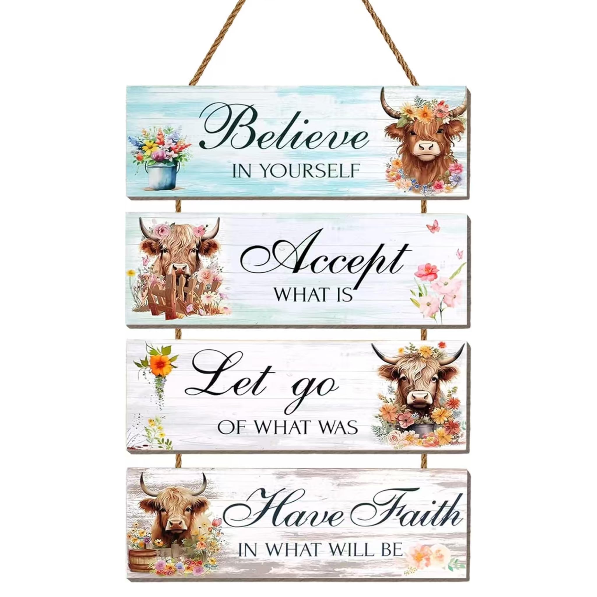 Qiansse Women's Wood 4Pcs Highland Cow En Sign Farmhouse Inspirational Wall Decor