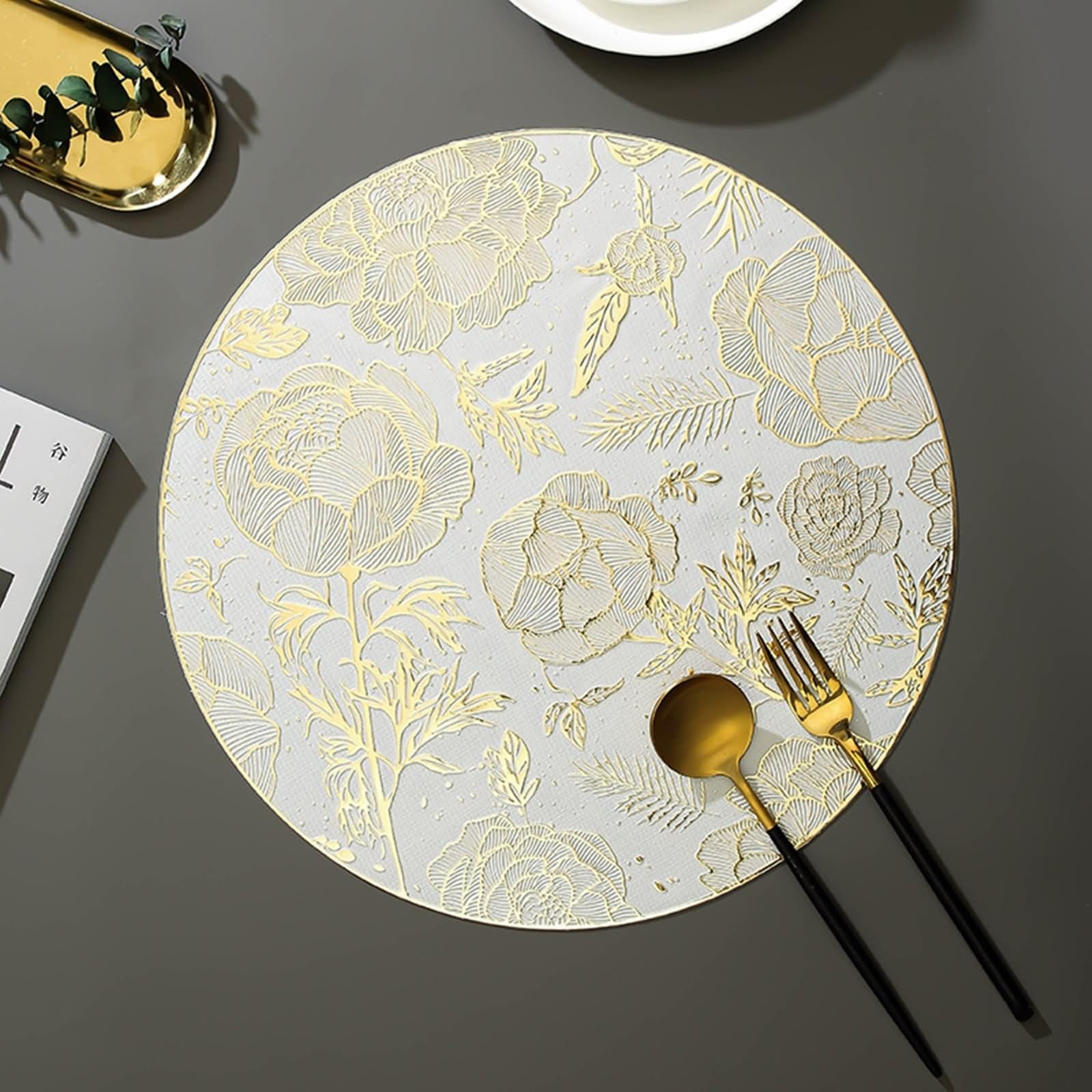 Tischsets Platzsets Retro Vintage 6er Set, Tisch Untersetzer Herbst 38cm Blumen- und Blättermuster PVC Gold