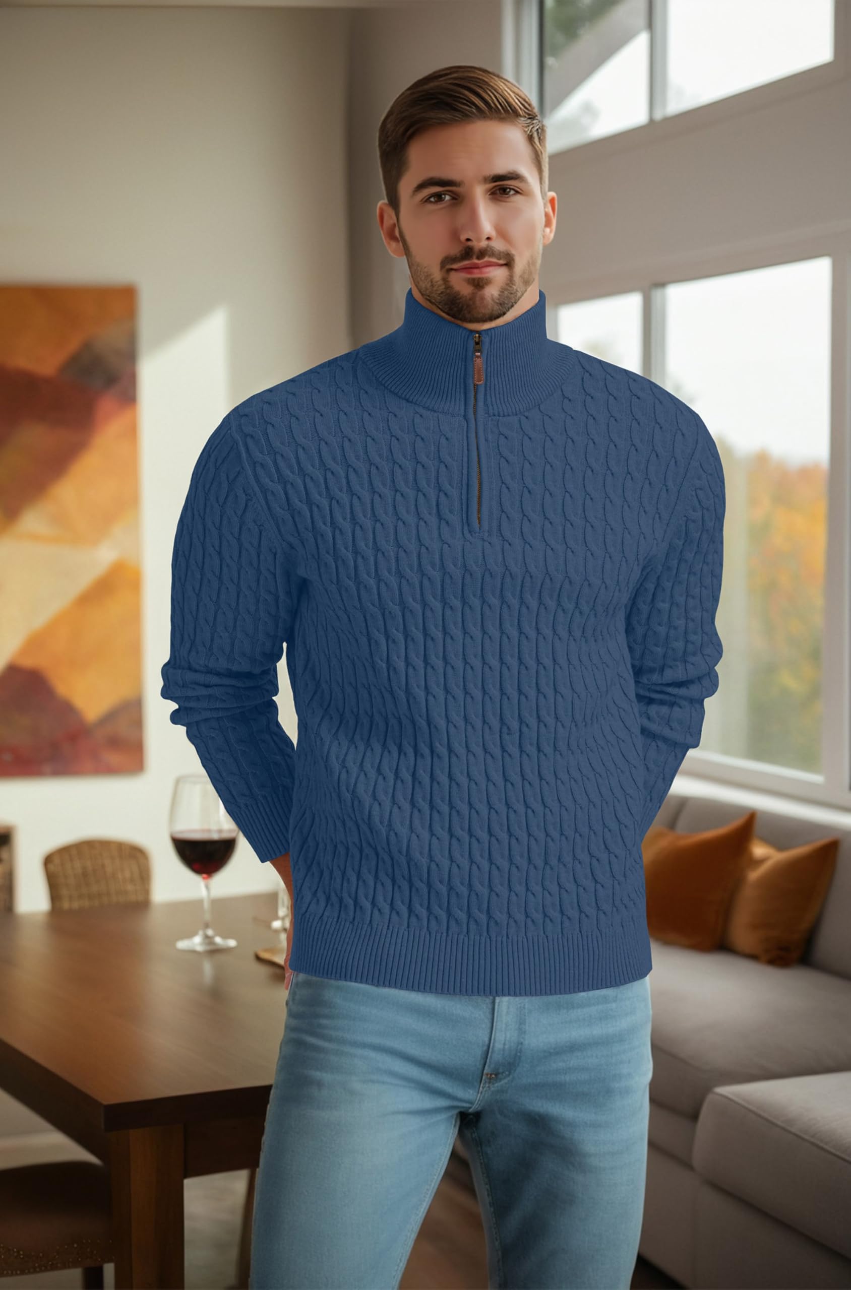 QIXING Maglione da uomo a trecce, con cerniera a un quarto, collo alto, motivo a trecce, morbido, casual, con bordi a costine