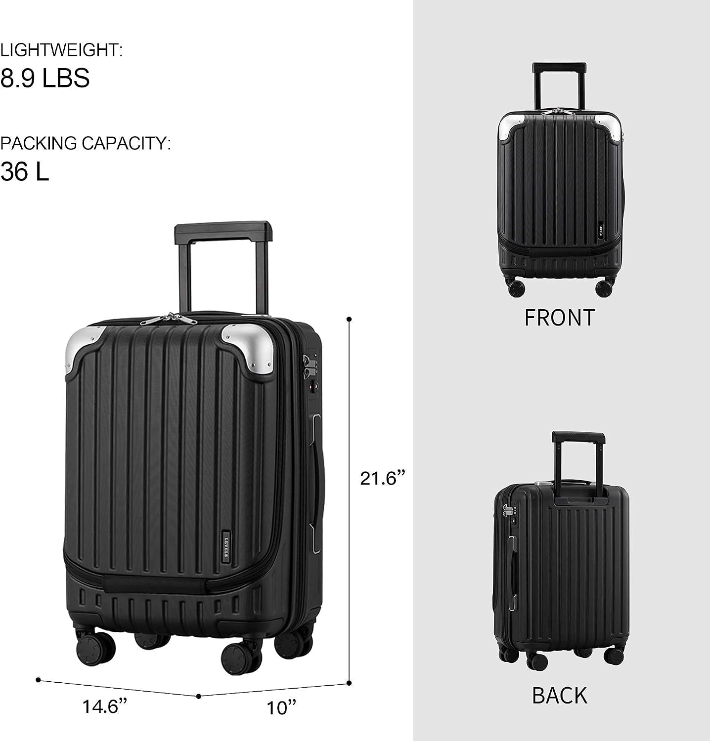 LEVEL8 Grace Expandable 20" Carry-On Luggage with 4 PC Organizer Packing Cubes - Black, Carry-On 20-Inch