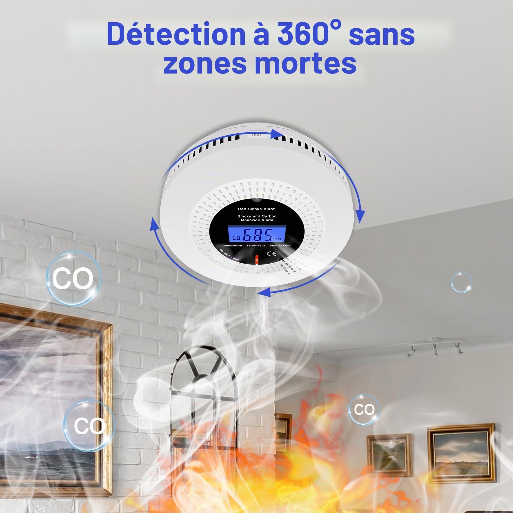 Détecteurs de fumée et de monoxyde de Carbone,détecteurs de fumée et de monoxyde de Carbone combinés pour la Maison,avec Affichage numérique,en 50291 & en 14604. 2 pièce