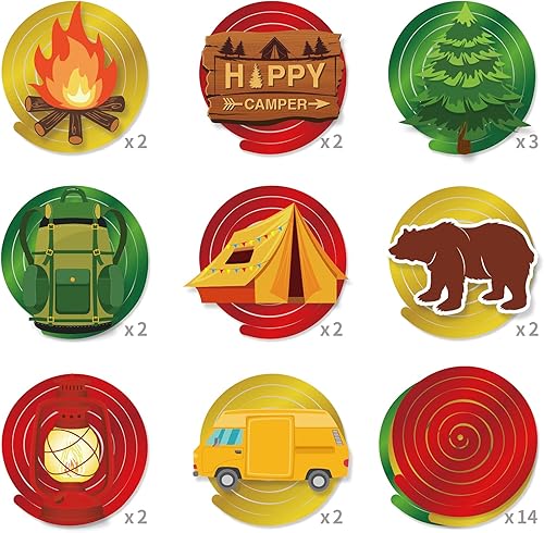 Miniatura 2 de 30 piezas de decoración colgante para fiesta de cumpleaños de campamento, remolinos colgantes Happer Camper, decoración de techo de aluminio,