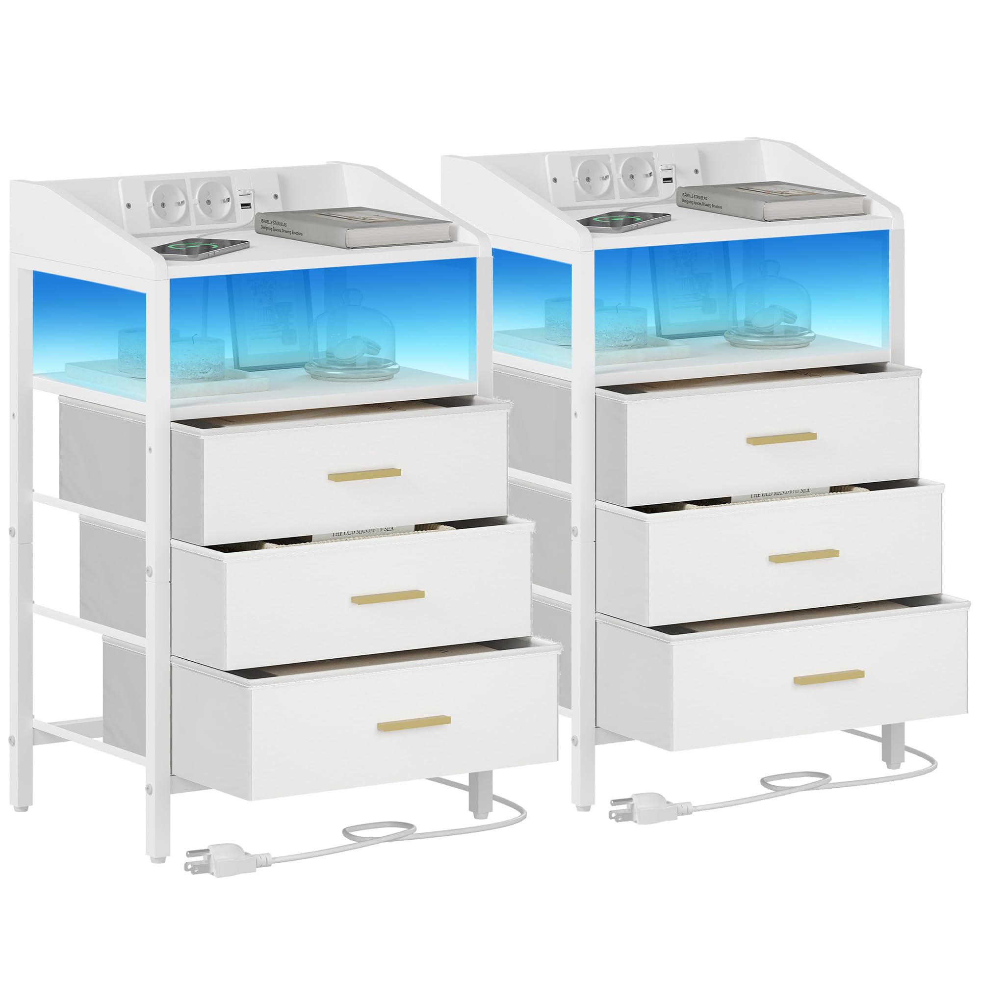 Hzuaneri Mesillas de Noche Juego de 2, con Luces LED y Estación de Carga, Mesa Auxiliar con 3 Cajones de Almacenamiento de Tela, Puertos USB y Enchufe Tipo C, para Dormitorio, Blanco NS35513W