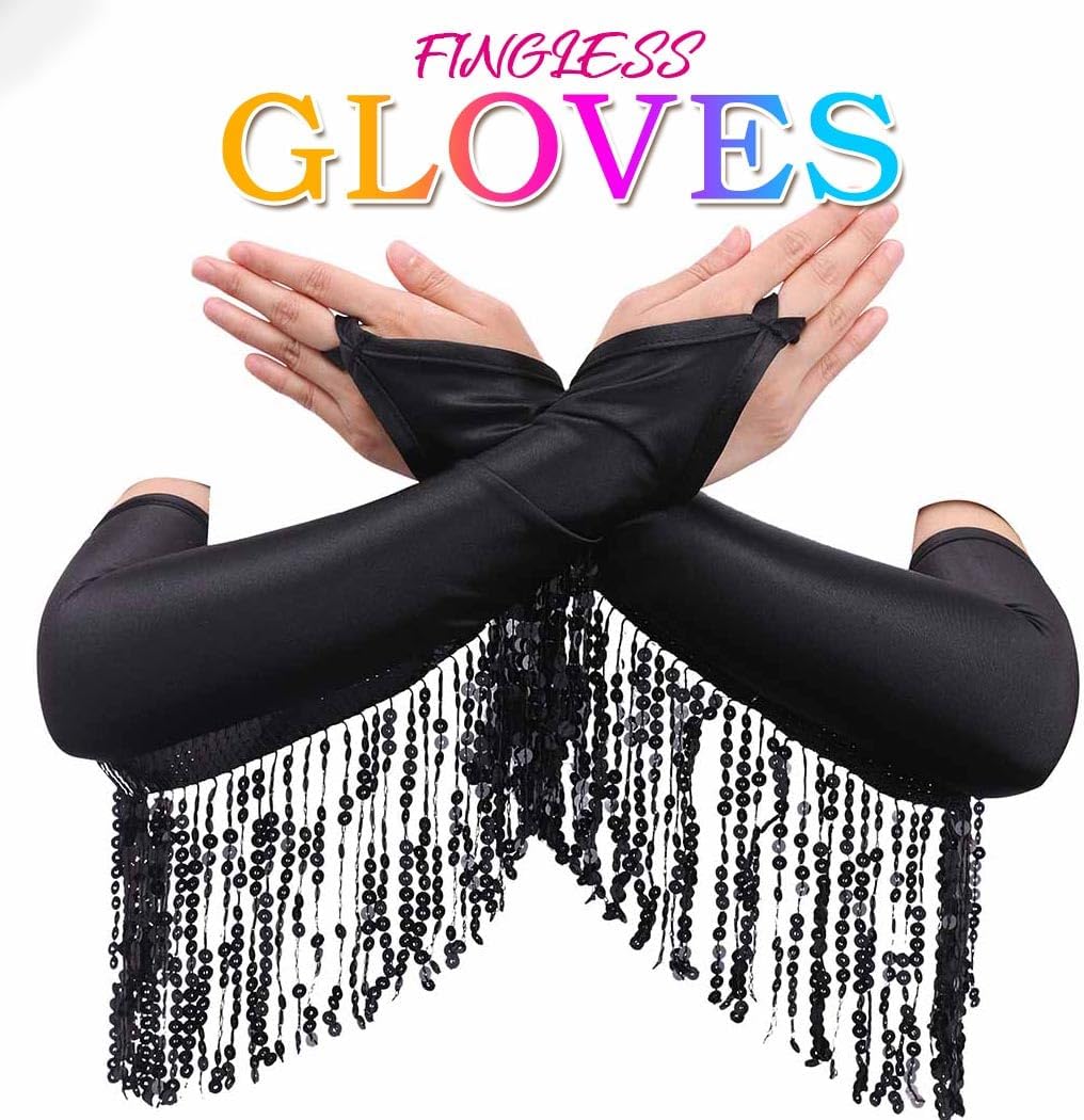 CASDRE Long Fingerless Satin Gloves Sequin Tassel 1920s Opera Gloves Elbow Length Halloween Cosplay Glove for Women and Girls - Image 3