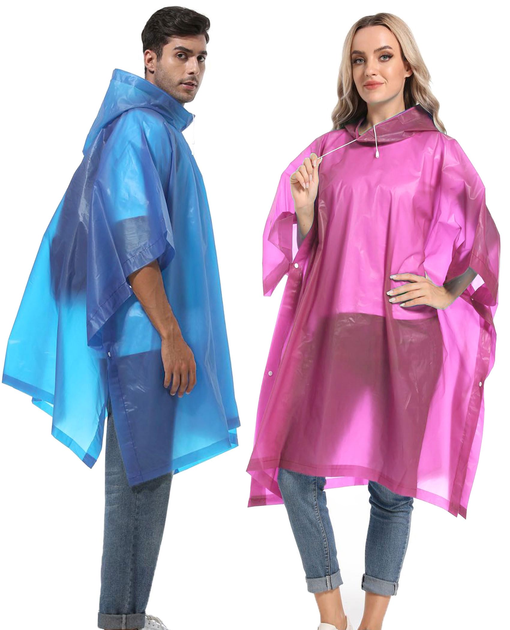 Reusable Rain Ponchos with Drawstring Hood for Adults, Waterproof Thicken Rain Coat, 2 Packs