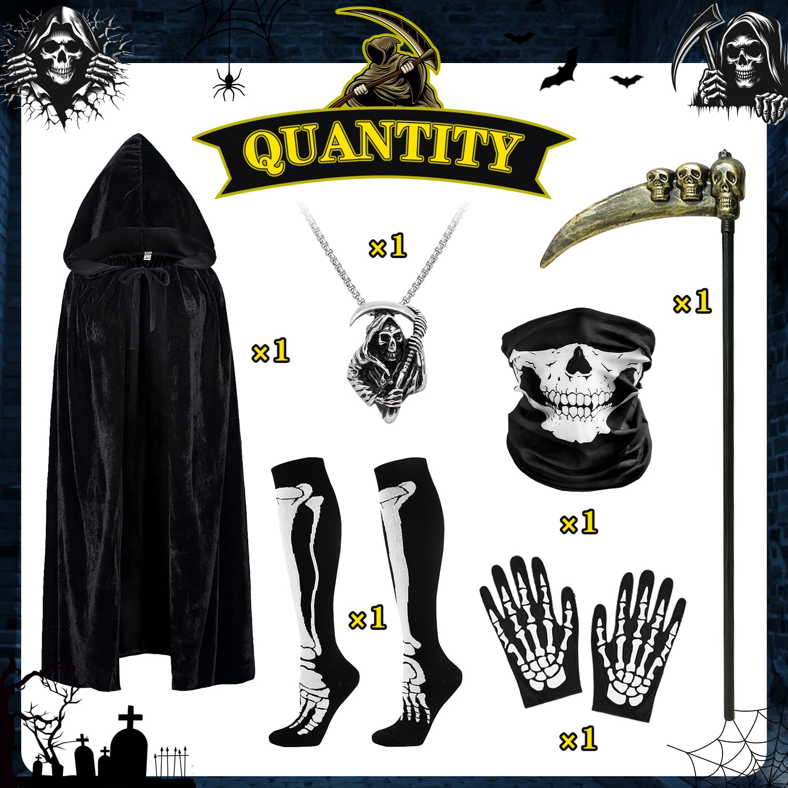 Creerluces Halloween Grim Reaper Costume for Men and Kids Black Cloak Skeleton Gloves and Stockings - Image 2