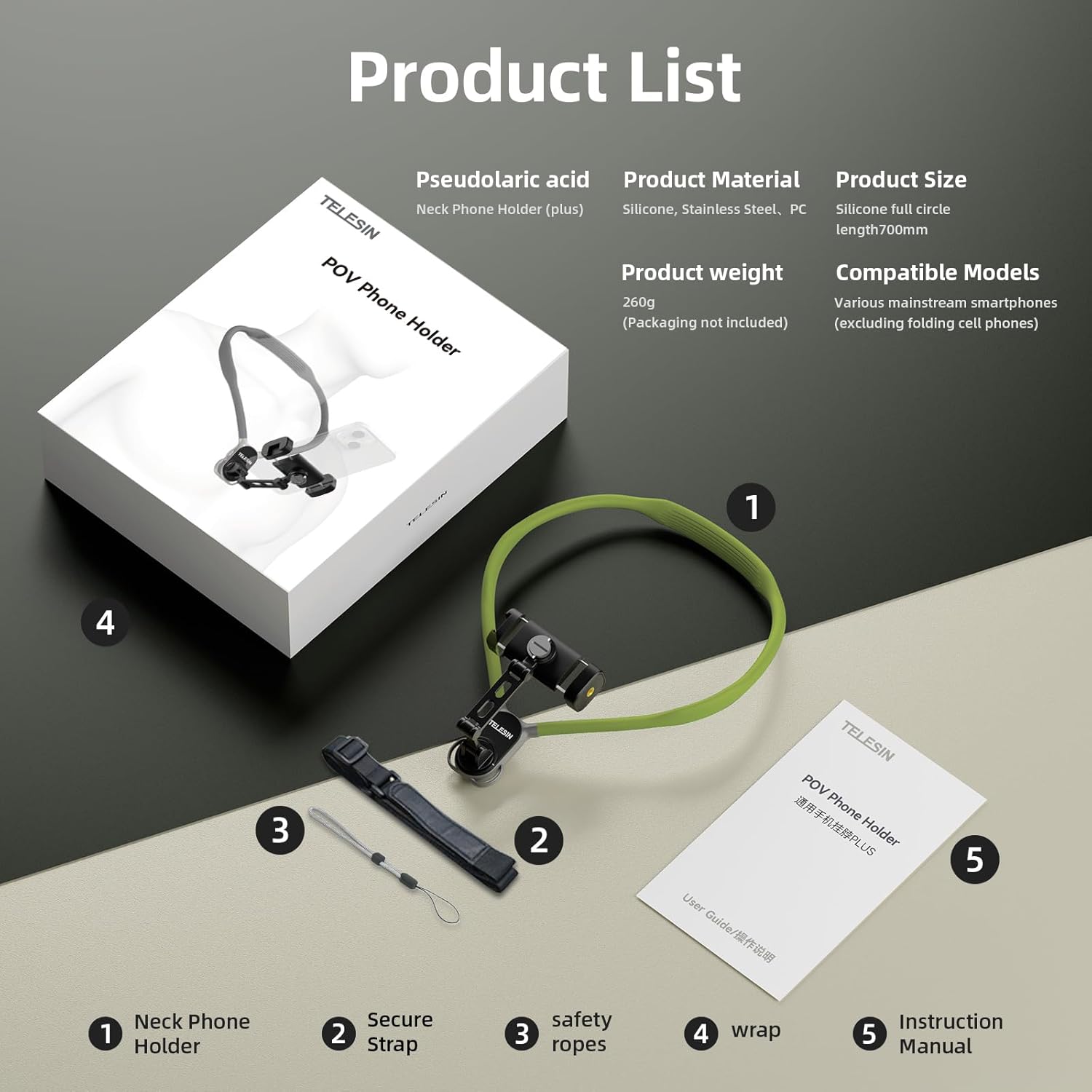 TELESIN° Neck Phone Holder POV/Vlog Neck Mount for Phones with Phone Clip, Hands Free Phone Neck Holder w Chest Strap Neck Selfie Mount Video Recording for iPhone Samsung Google Pixel (Green)