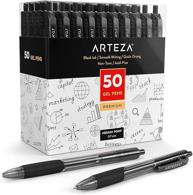 ARTEZA Gel Pens, Pack of 50 Black Roller Ball Pens, 0.7mm Medium Point, Retractable, Quick Drying Ink, Office Supplies for Note-Taking and Journaling