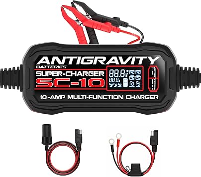 Antigravity SC-10 Super-Charger 10A Smart Battery Charger & Maintainer for 6V/12V Lithium LiFePO4 & 12V Lead-Acid Batteries Wall-Powered, LCD Display, Power Supply Mode, BMS Reset