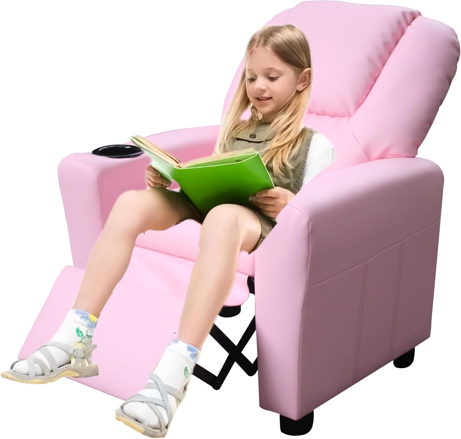 Modern PU Leather Kids Recliner Chair with Cup Holder, Adjustable 2-in-1 Kids Single Couch for Boys Girls (Pink)