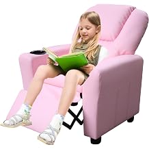anwickjeff Modern PU Leather Kids Recliner Chair with Cup Holder, Adjustable 2-in-1 Kids Single Couch for Boys Girls Pink