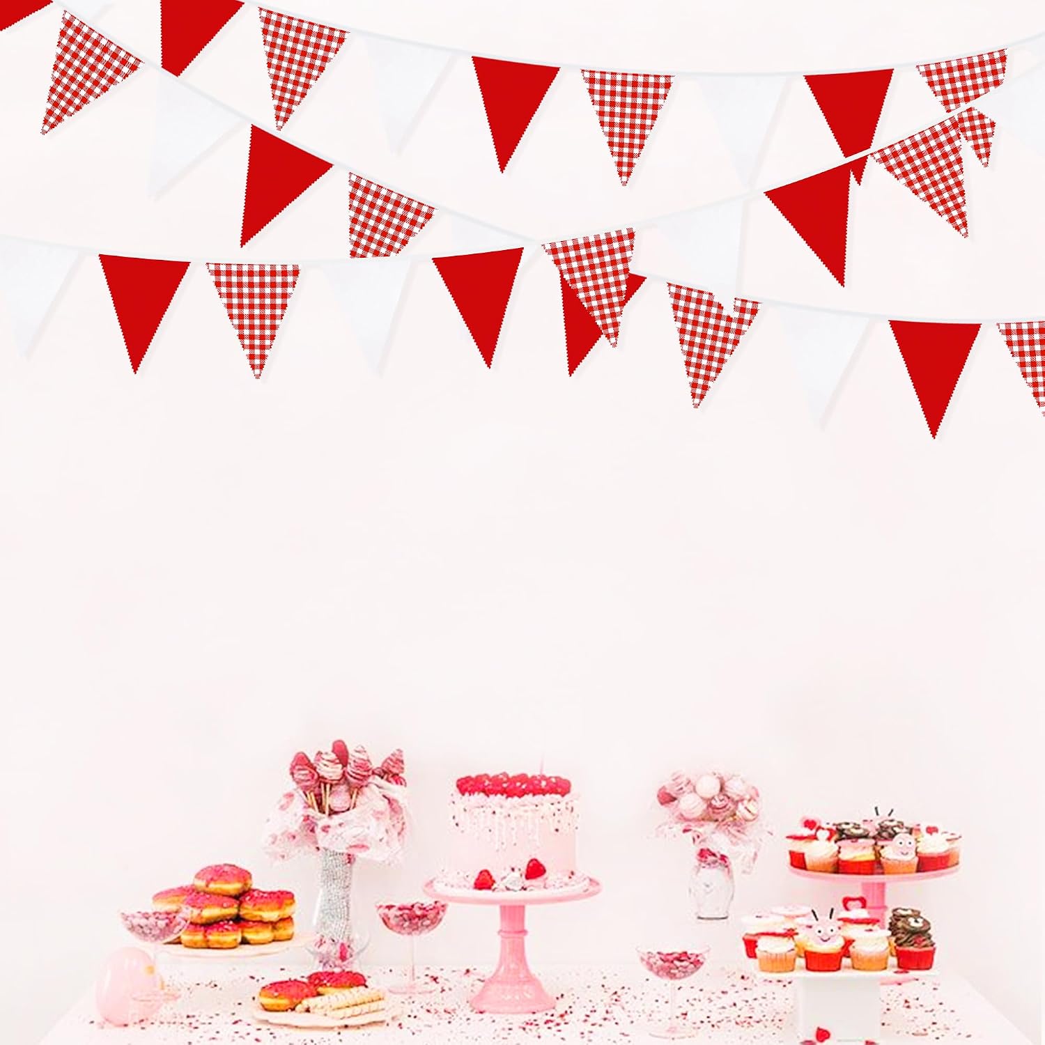 32Ft Red Party Decorations Red Plaid Checkered White Triangle Flag Gingham Pennant Bunting Fabric Garland for Christmas Wedding Birthday Carnival Picnic X-mas Outdoor Home Party Festivals Decoration image 3