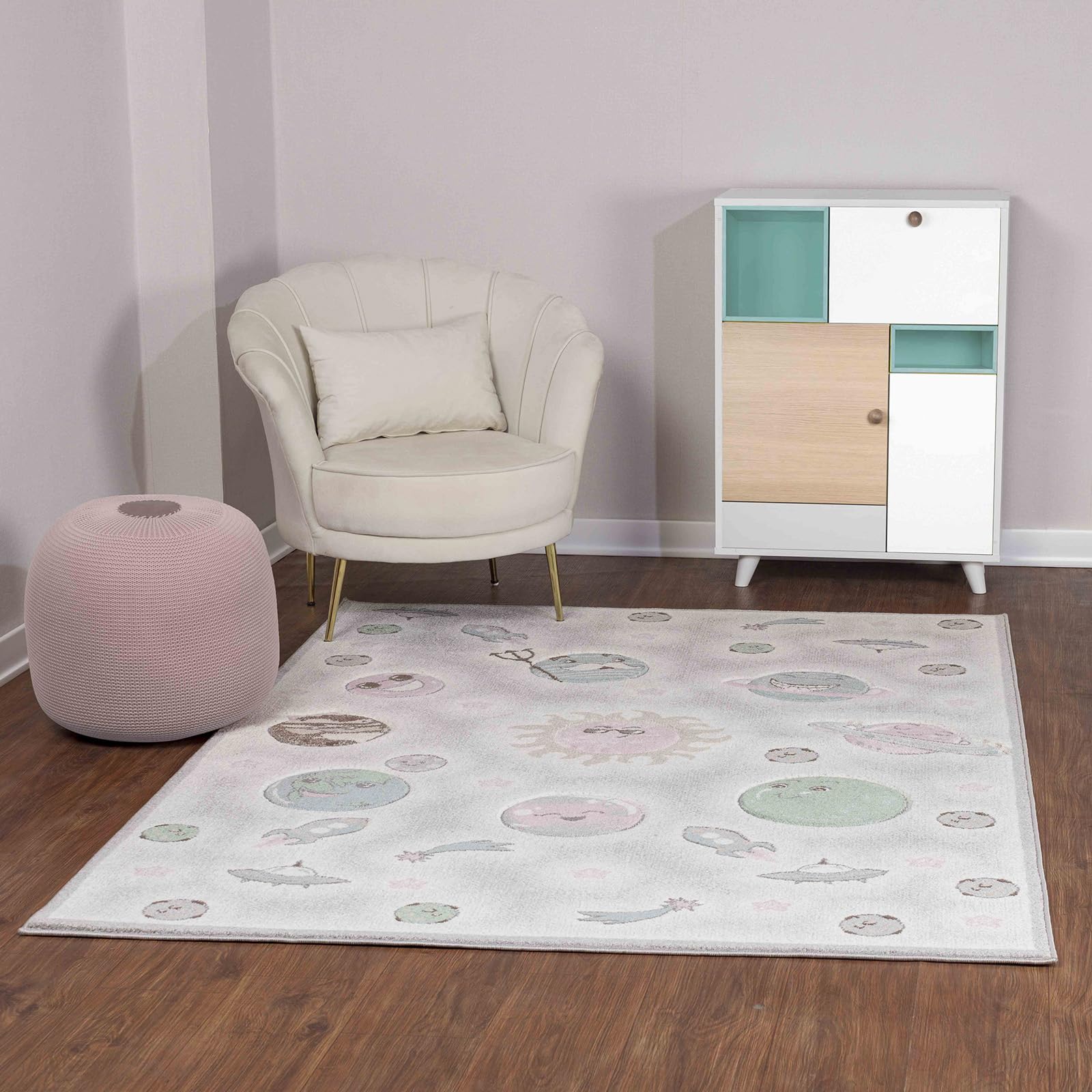 Livabliss Galaxy Kids Rug - Childrens Rugs for Bedroom 160x213 cm, Kids Carpet for Girls & Boys Bedroom, Playroom and Nursery Rugs, Baby Rug for Girl or Boy Room, Grey, Pink and Blue