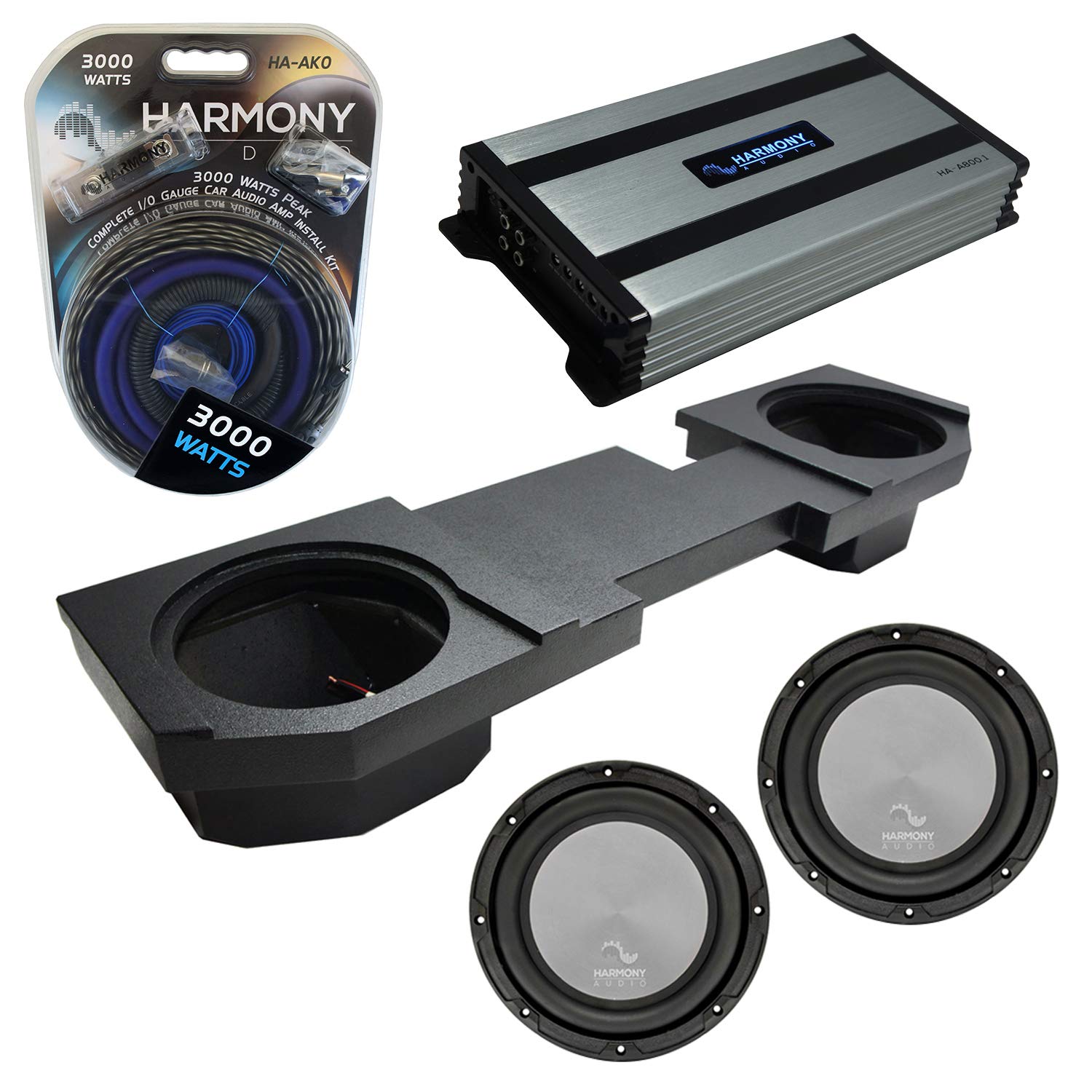 Compatible with 2002-2018 Dodge Ram Quad or Crew Harmony Bundle A122 Dual 12" Rhino Coated Sub Box & HA-A800.1