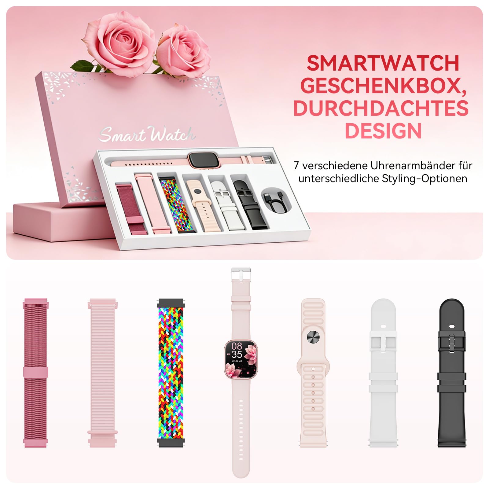 Smartwatch Damen mit 7 Armbänder & Geschenkbox, 1.83" HD Smartwatch mit Bluetooth-Anruf, Fitness Tracker mit SpO2, Pulsmesser, Schlafmonitor, Schrittzähler, IP68 Wasserdicht, 100+ Sportmodi(Hellrosa)