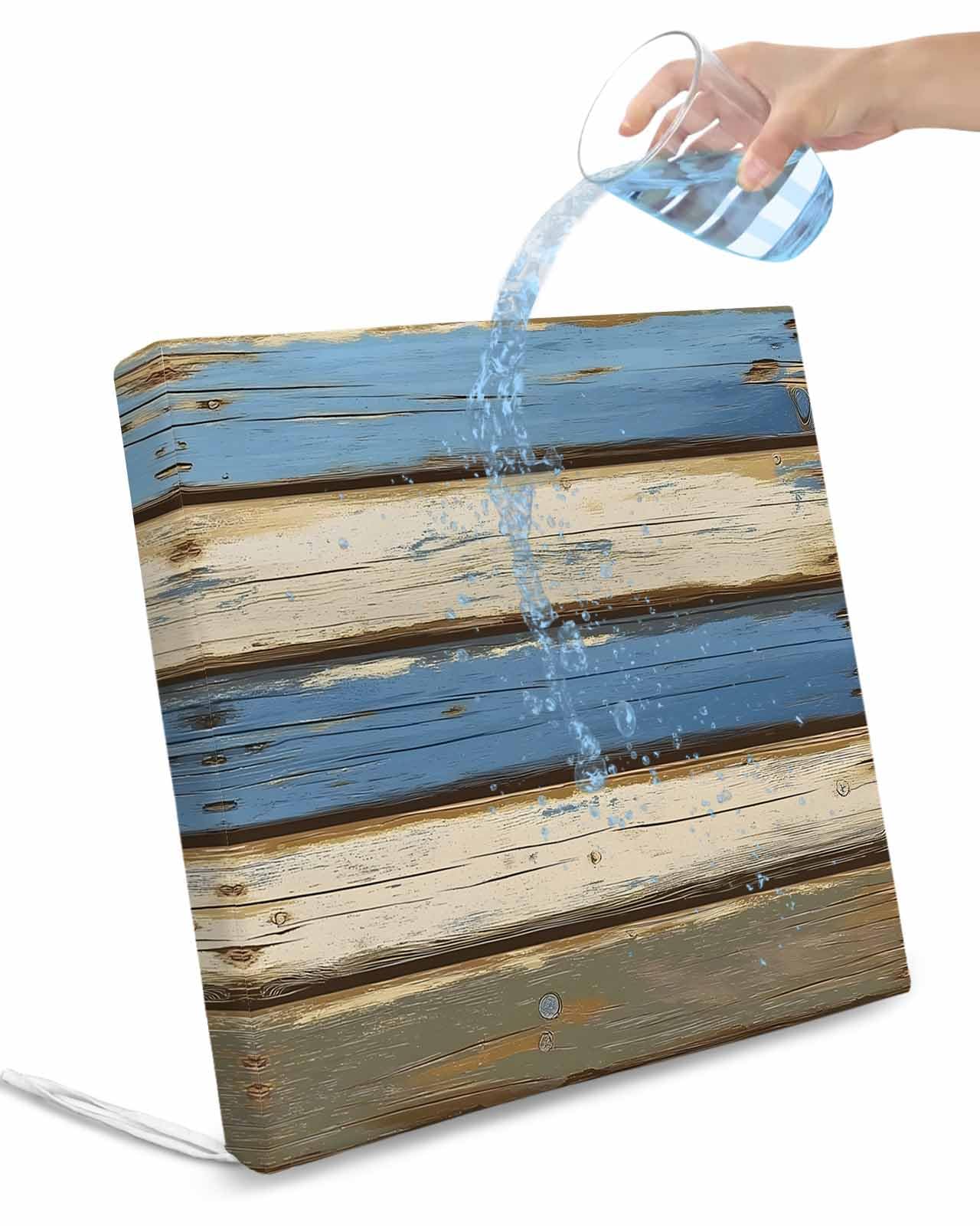 2 Pack Blue Beige Wood Grain Waterproof Cushion Covers with Ties, Outdoor Patio Chaise Lounge Chair Seat Cushion Slip Covers Replacement(Only Cover) Modern Shabby Chic Board 24