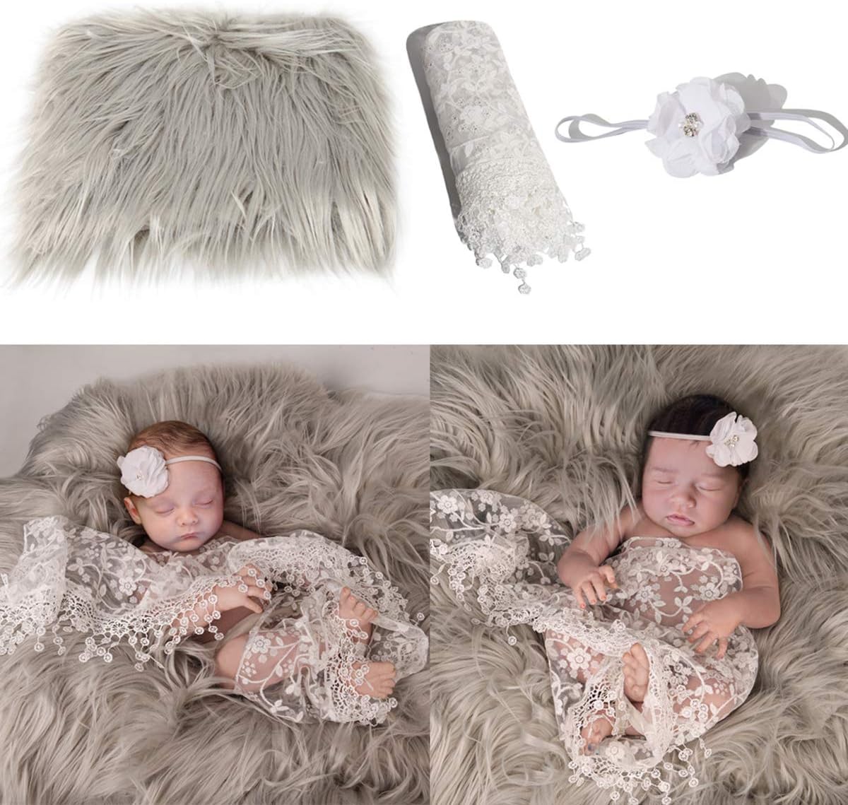 Yuehuam 3pcs Baby Photography Props Outfits Newborn Photography Fluffy Blanket+ Long Ripple Wraps+ Headband Set Newborn Photo Studio Posing Props for Baby Boys Girls