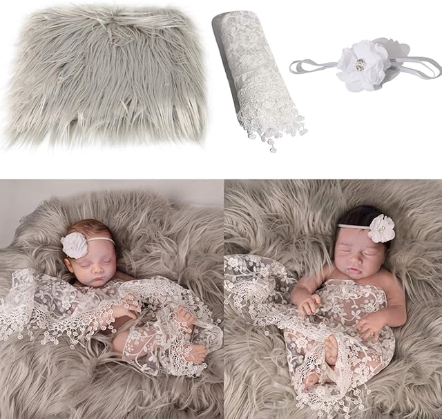 Newborn Photography Props 3Pcs Baby Fluffy Blanket Wraps and Headband Infant Shower Gift Photo Backdrops for Baby Boys and Girls