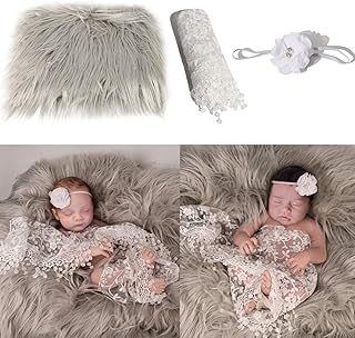 Camidy Accessoires Photo Bébé 3Pcs Couverture Moelleuse Bébé + Enveloppe Nouveau-Né + Bandeau Fleur Ensemble Garçons Filles Tenues de Photographie de Bricolage