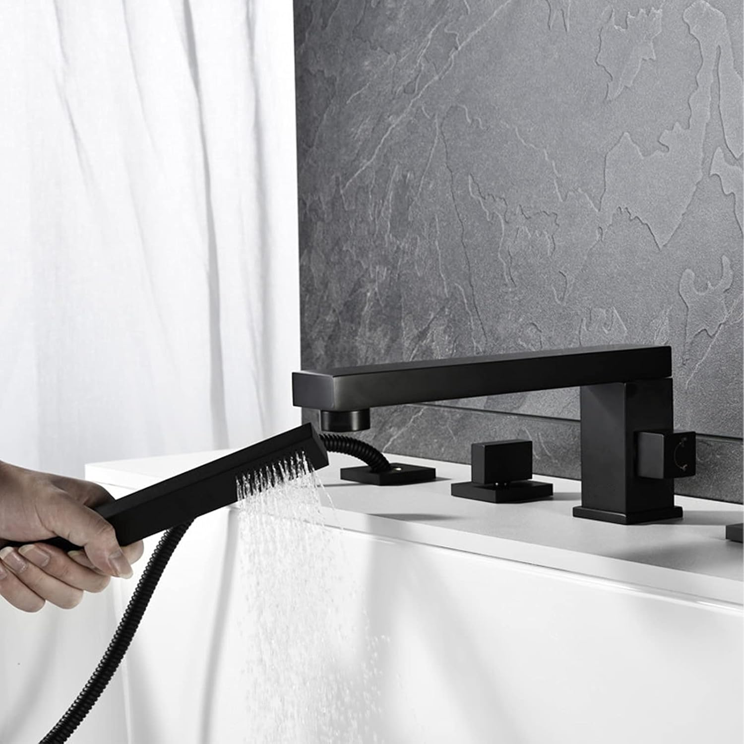 Black Bathtub Faucet, Bathroom Hot and Cold Water Mixer Tap, Split Basin Faucet, Copper 4-Piece Set Square Shower Faucet with Pull-Out Shower, Paint Process