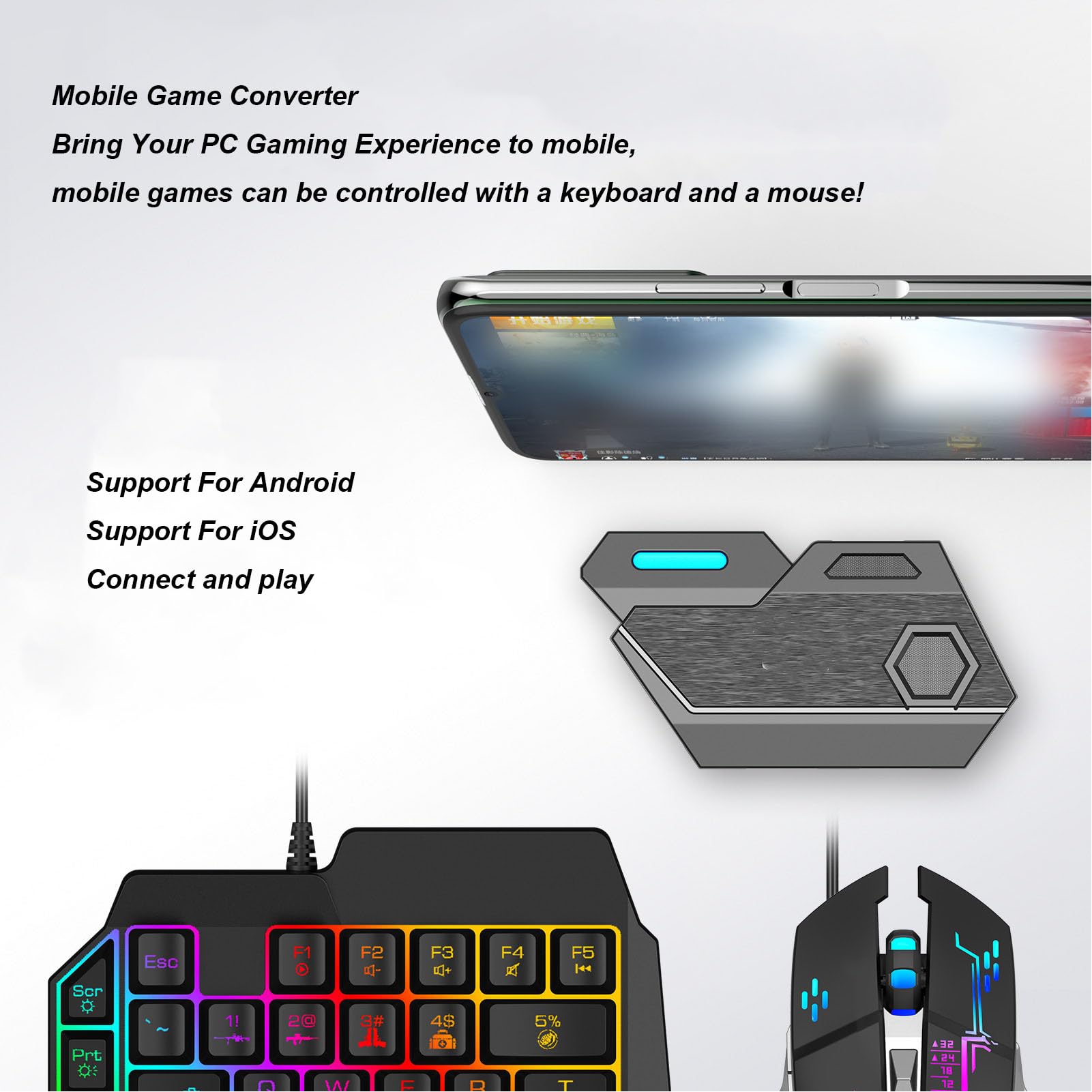 Juego de Convertidor de Mouse y Teclado para Teléfono Móvil, Kit de Teclado para Juegos RGB Combo de Media Mano y Mouse Portátil, Conexión Inalámbrica por Cable, Compatible con