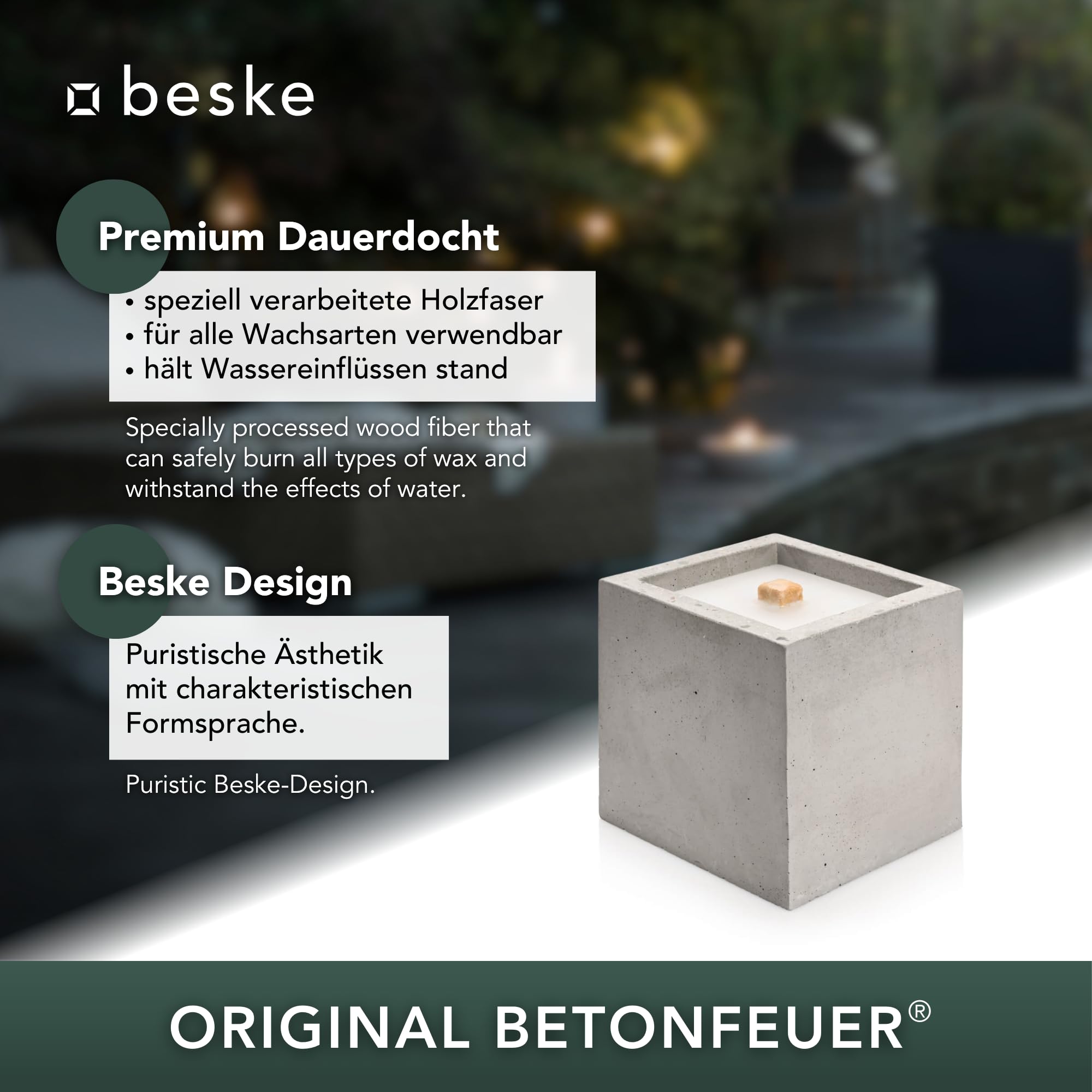 Betonfeuer® - Das Original der Beske-Manufaktur | 3 Betonfeuer im Set | Wiederbefüllbare Fackel | Unendliche Brenndauer | Recycling von Kerzenwachs