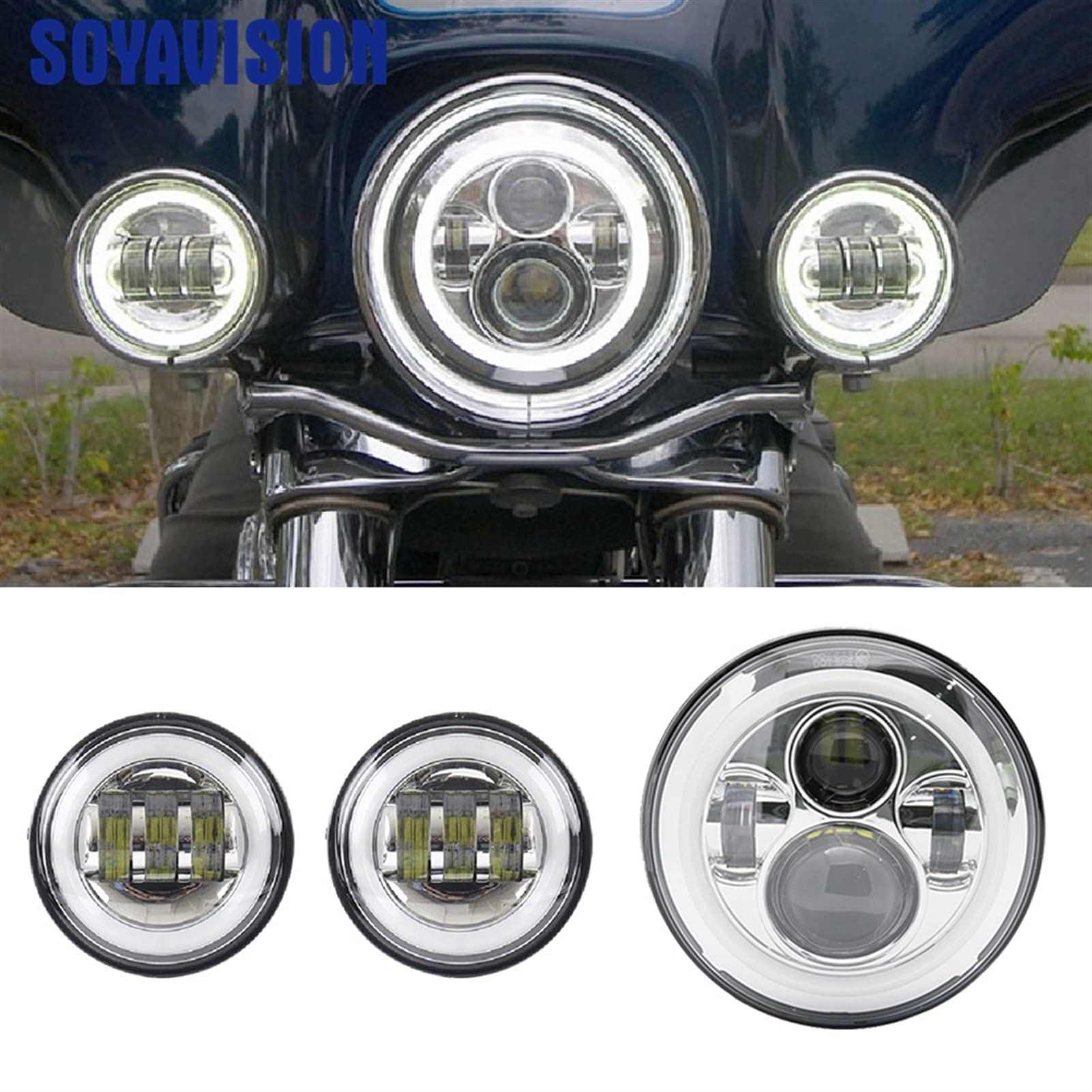 Reflektor motocyklowy, motocyklowe reflektory motocyklowe 7 "z reflektorami przeciwmgielnymi 4,5 "kierunkowskazu Halo (zestaw czarnego światła)