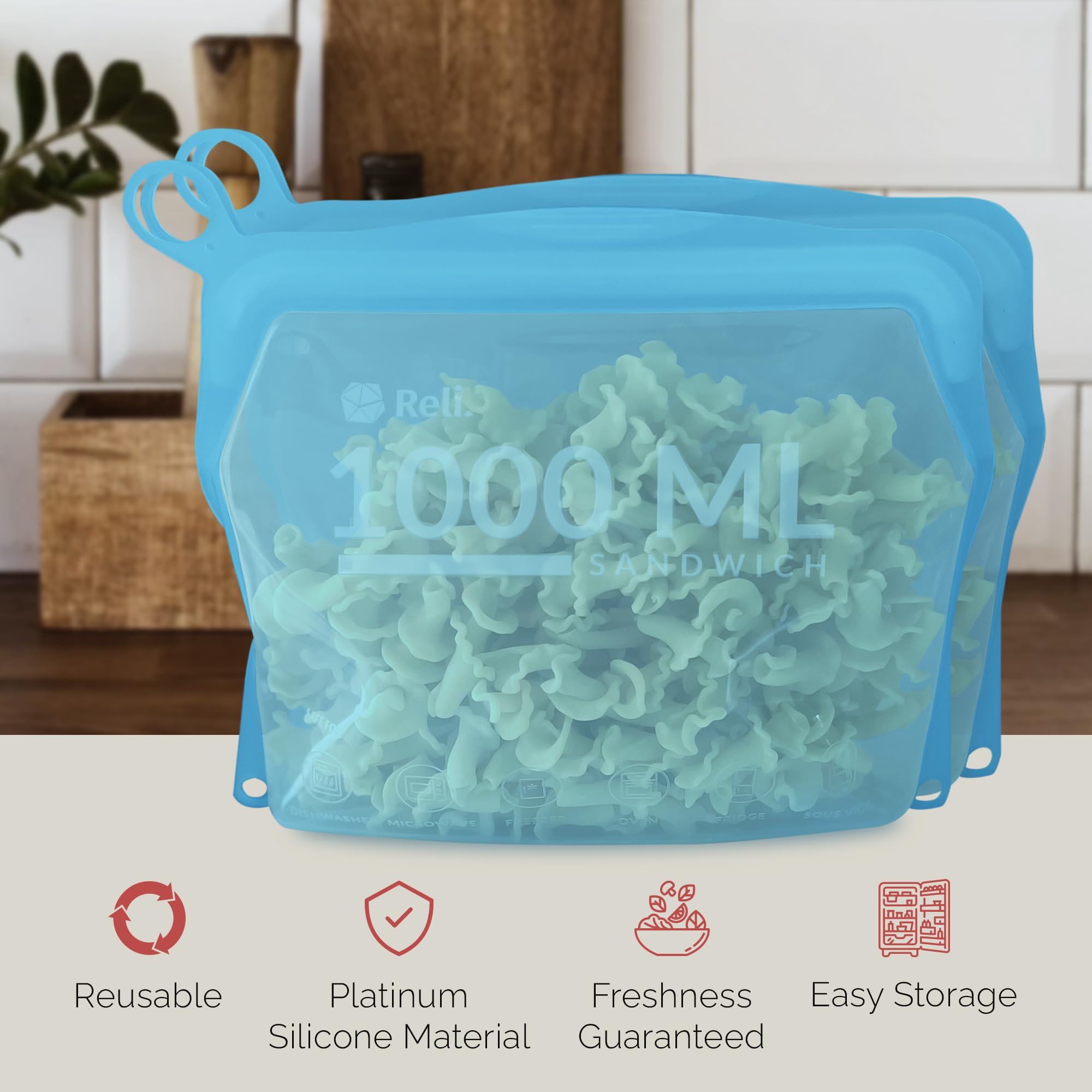 Reli. Sacchetti riutilizzabili in silicone (confezione da 2) | Sandwich (1000 ml), Aqua | Sacchetti in silicone per la conservazione degli alimenti | Sacchetti riutilizzabili per alimenti,