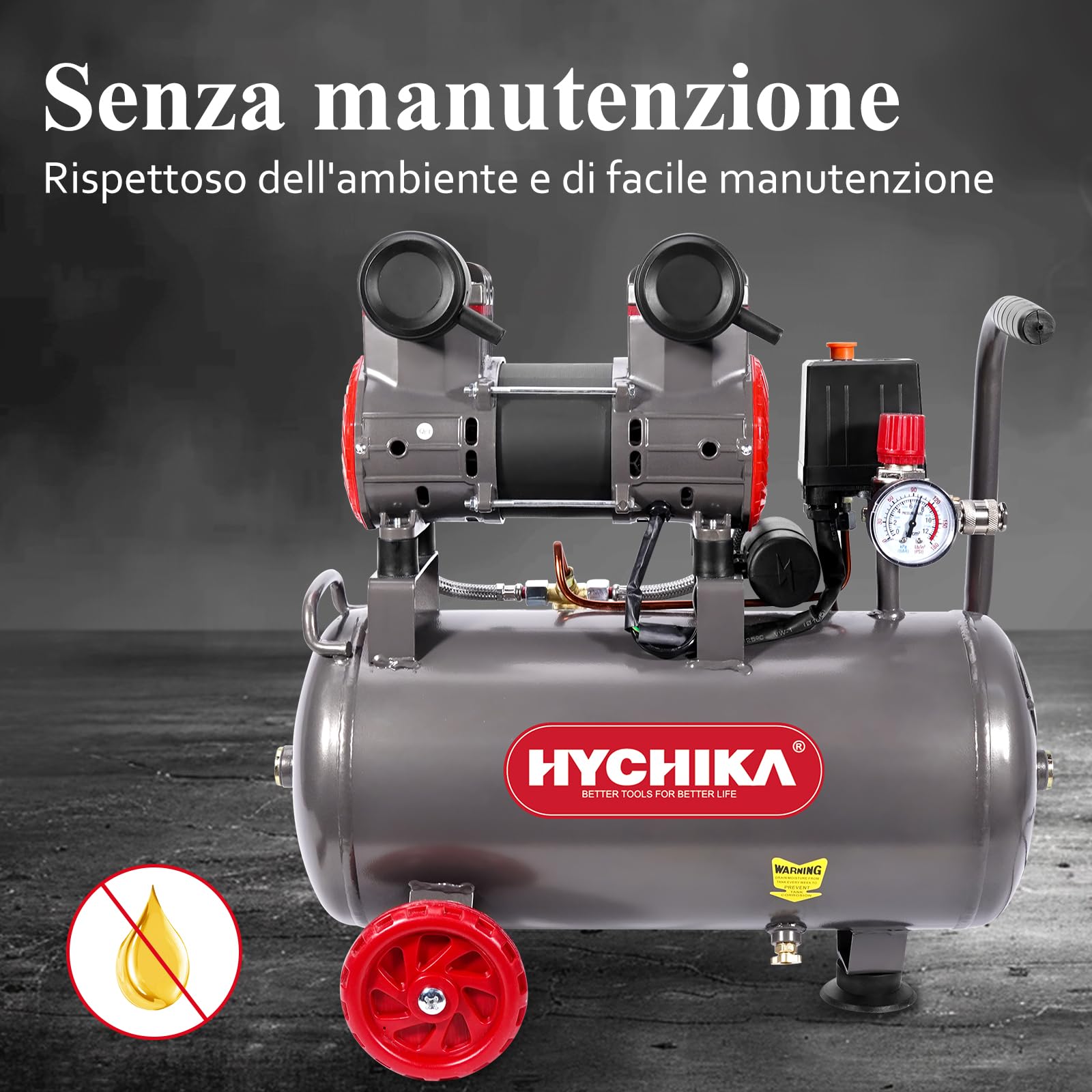 HYCHIKA Compressore Aria Silenziato 24 litri 8 Bar 230V-240V 1100W Senza Olio