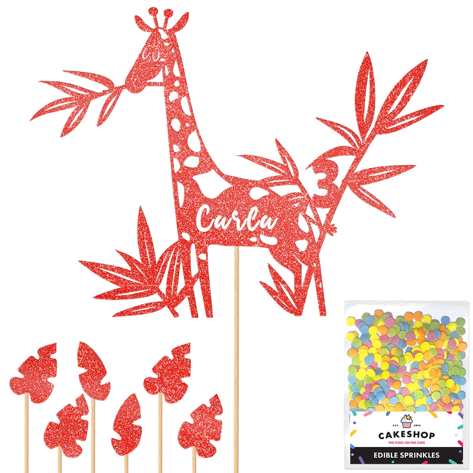 Personalised Birthday Jungle Giraffe Glitter Cake Topper- Red Any Custom Age & Name Glitter Cake Decoration and Sprinkles - Happy Birthday Decorations - Personalised Toppers for Cakes by Cakeshop — image 1