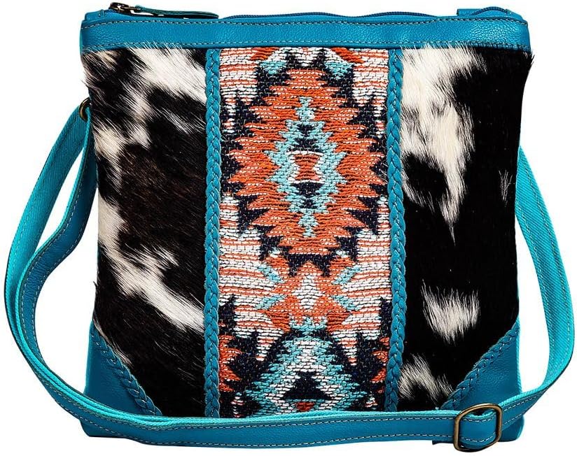 Myra Bag Crossbody Bag for Women - Western Upcycled Hairon Canvas & Leather Shoulder Handbag Blue