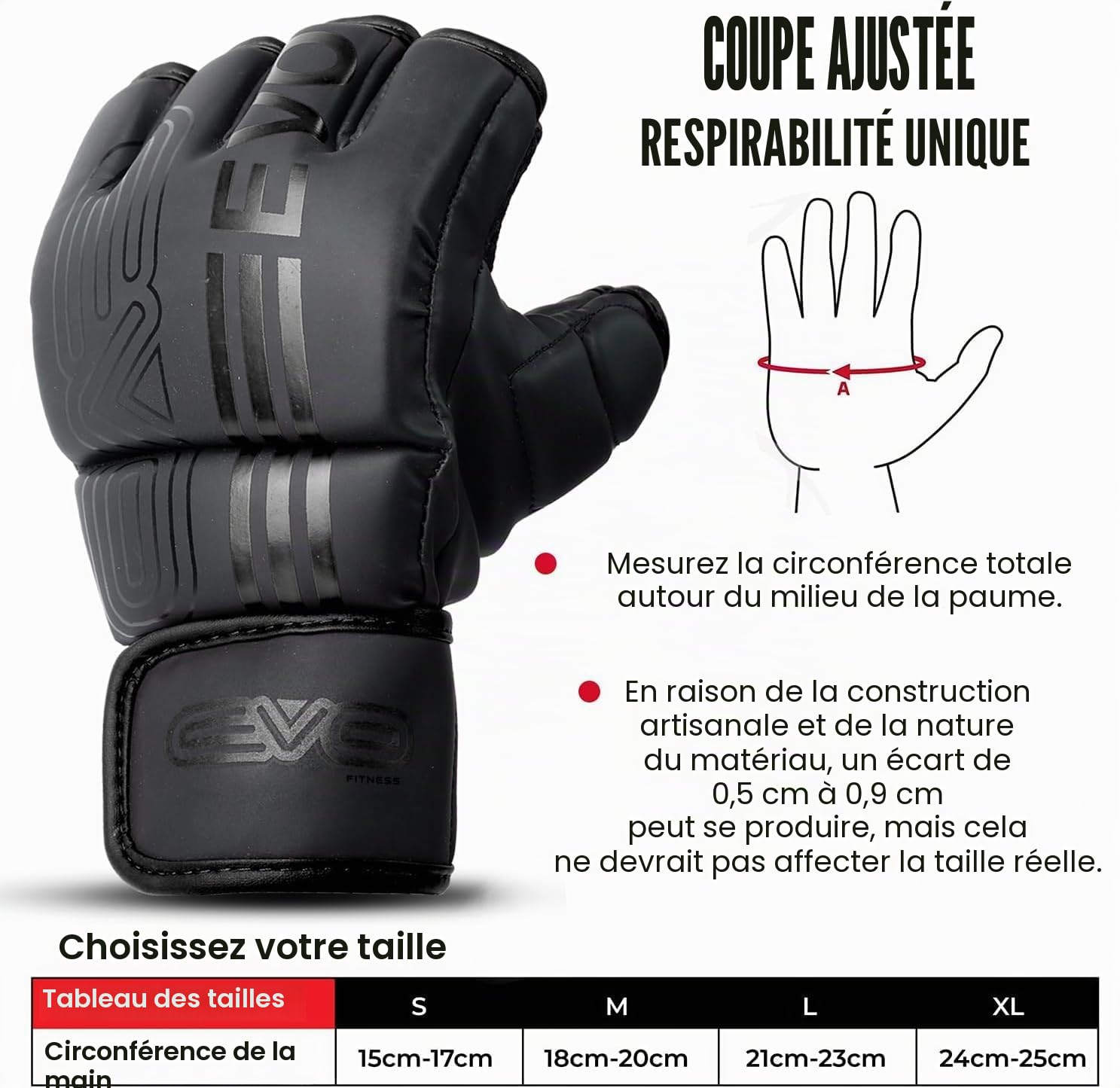 EVO Fitness Gants MMA Mitaines d'arts Gants de Boxe Homme Femme Grappling Gant MMA Sparring Muay Thai Cage Combat Boxe Boxing Gloves Gant de MMA Protection Taekwondo Gants Karate mitaine Boxe