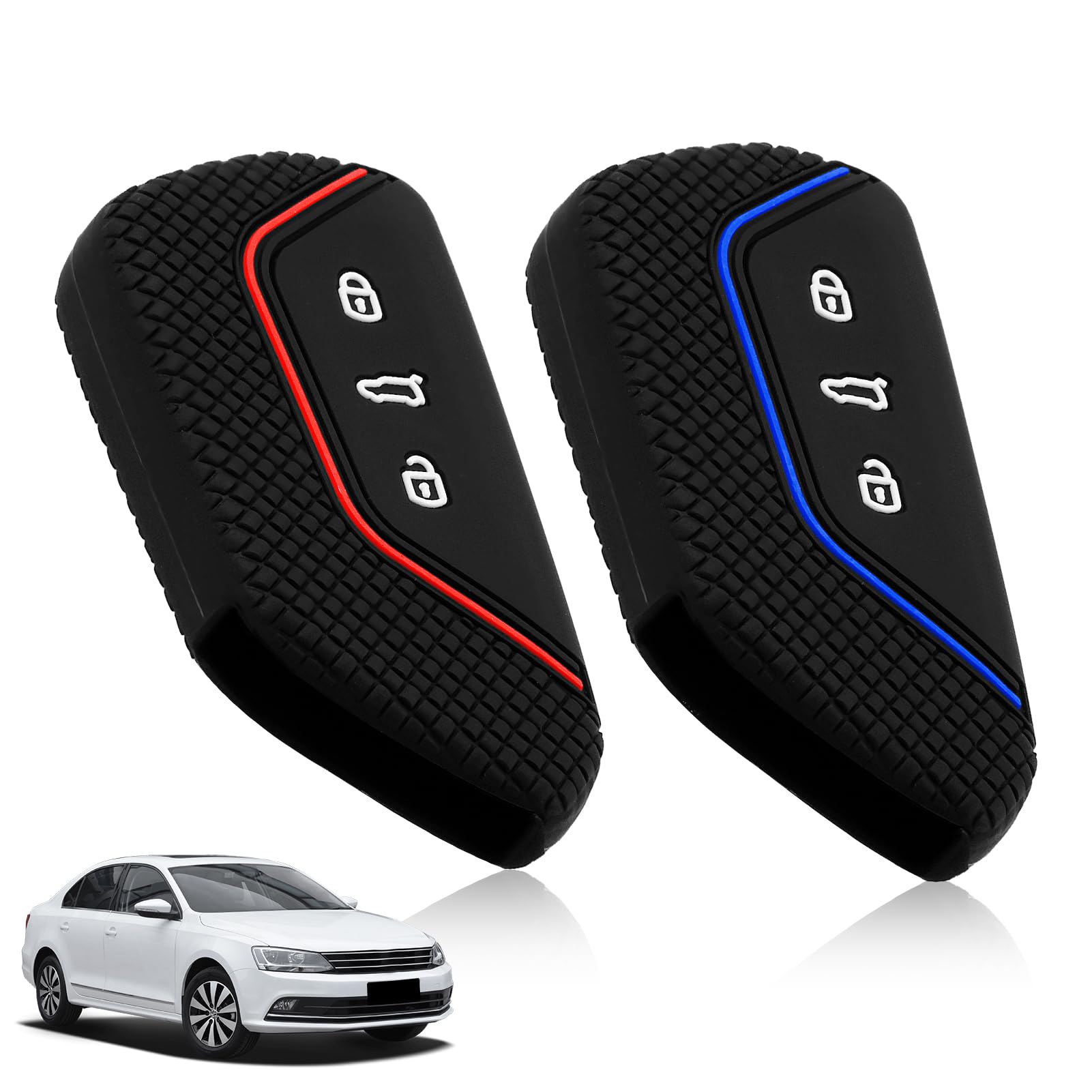 2 Stück Autoschlüssel Hülle für VW Auto Schlüssel 3 Tasten kompatibel mit VW Golf 8 D.3 ID.4, SEAT, Skoda, Cupra, Silikon Cover Schlüsselhülle Etui Schutzhülle (Schwarz Rot,Schwarz Blau)