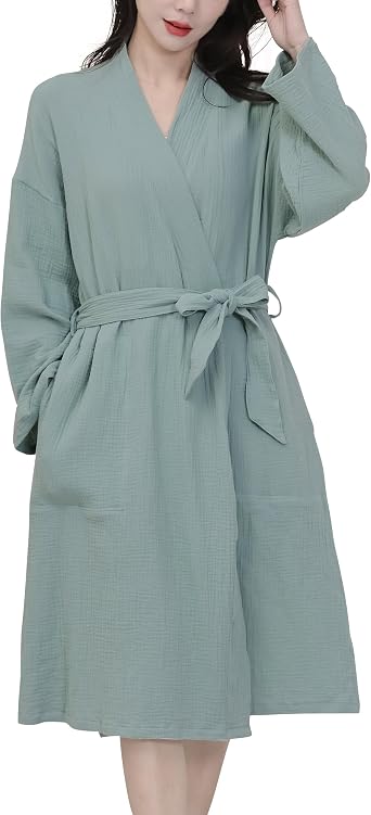 Womens Organic Cotton Bathrobe Long Sleeve Nightgowns Lightweight Waist-Tie Bath Robe for Home Spa Muslin Cotton Beach Wear