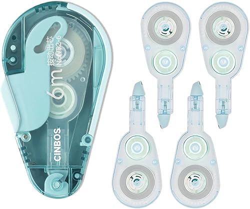 CINBOS Cinta de corrección retráctil recargable, cinta blanca con 4 recambios adicionales, lindo blanco hacia fuera para suministros de oficina, 5