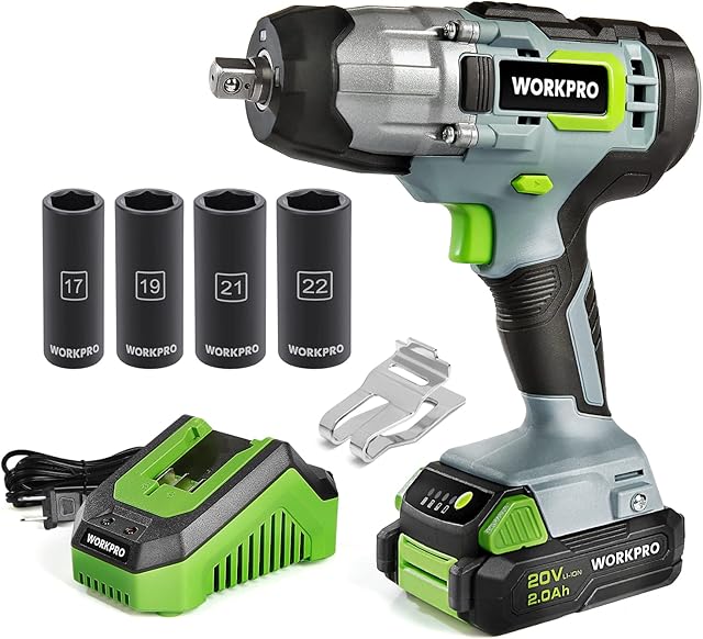 WORKPRO 20V Cordless Impact Wrench, 1/2-inch, 320 Ft Pounds Max Torque, 4Pcs Drive Impact Sockets, 2.0Ah Li-ion Battery with Fast Charger, Belt Clip for Easy Carrying
