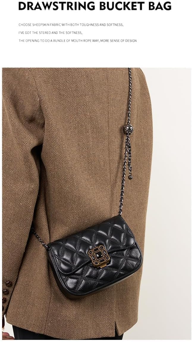 Quilted Genuine Leather Crossbody Bag for Women, Small Shoulder Purse with Vintage Statement Clasp, Adjustable Chain Strap, Black - Image 7