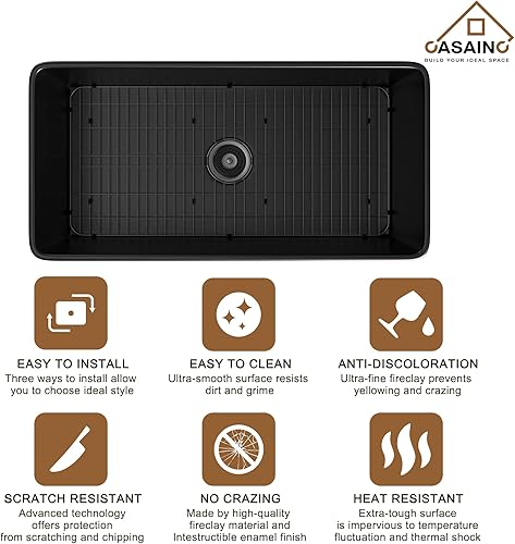 Miniatura 5 de CASAINC Fregadero de cocina de 36 pulgadas, color negro, delantal - Fregadero de granja frontal, cuenco individual profundo, fregadero de granja de