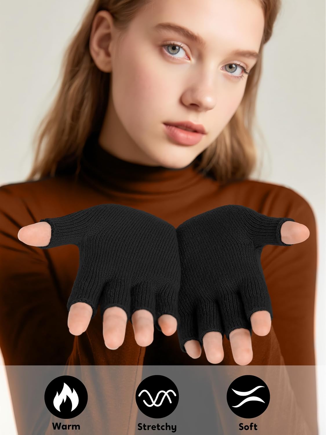 Cooraby 2 Pairs Thick Fingerless Gloves Warm Half Finger Glove Working Running Typing Driving Winter Knitted for Men Women image 3