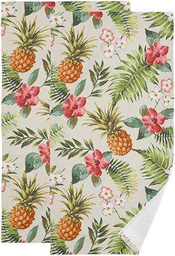 NISENASU Juego de 2 toallas de mano de piña tropical para baño, diseño de piñas hawaianas, sin costuras, hojas de palma tropicales y flores, juego