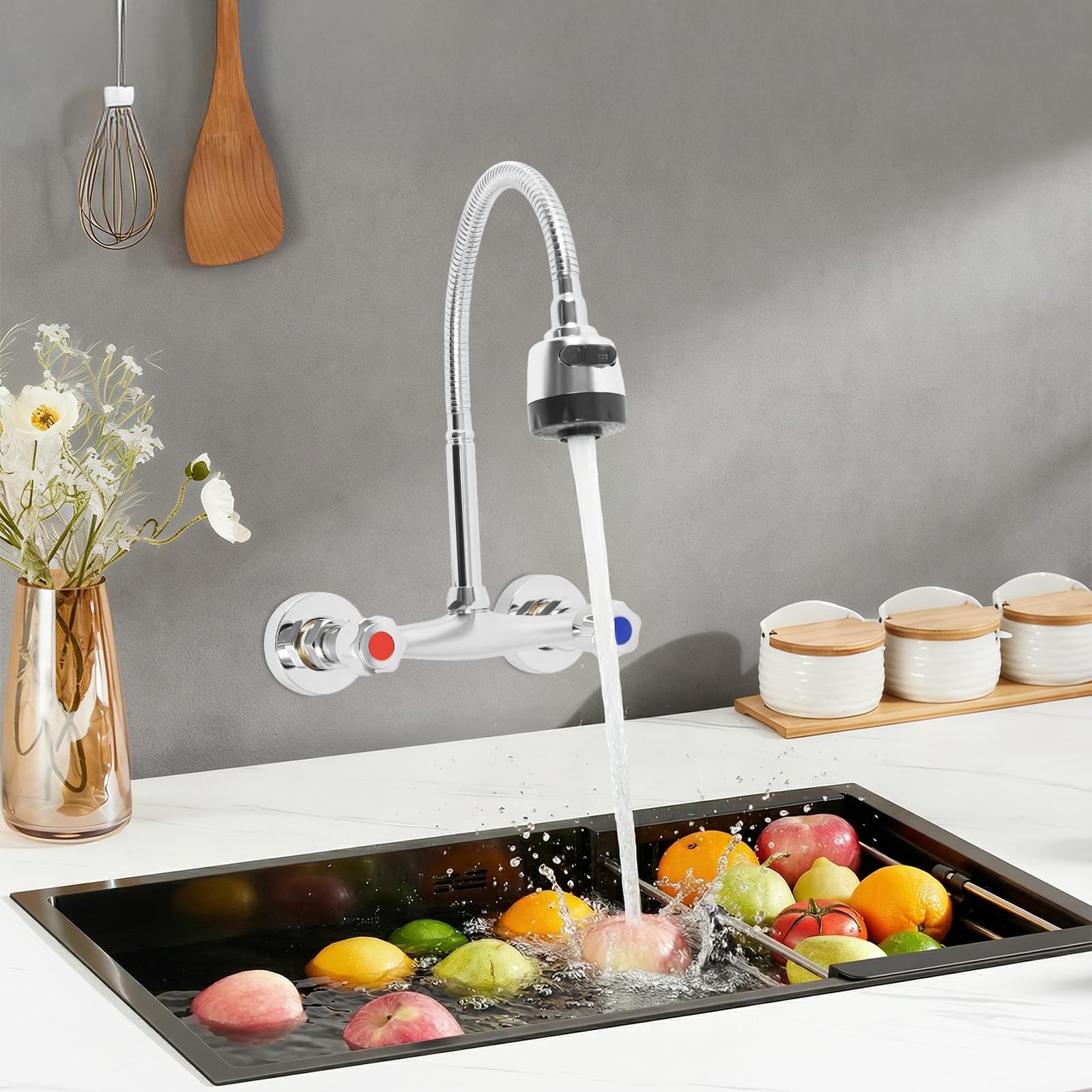 Grifo mezclador de pared cromado con caño de metal largo y flexible, dos modos de chorro de agua ajustables, distancia entre orificios ajustable, 13 – 17 cm, grifo de pared para fregadero de cocina